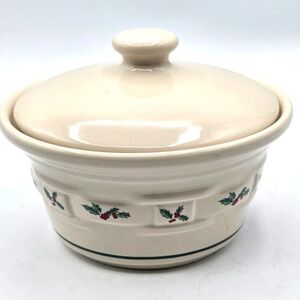 Longaberger Pottery Christmas Woven Traditions Holly Covered Dish Crock